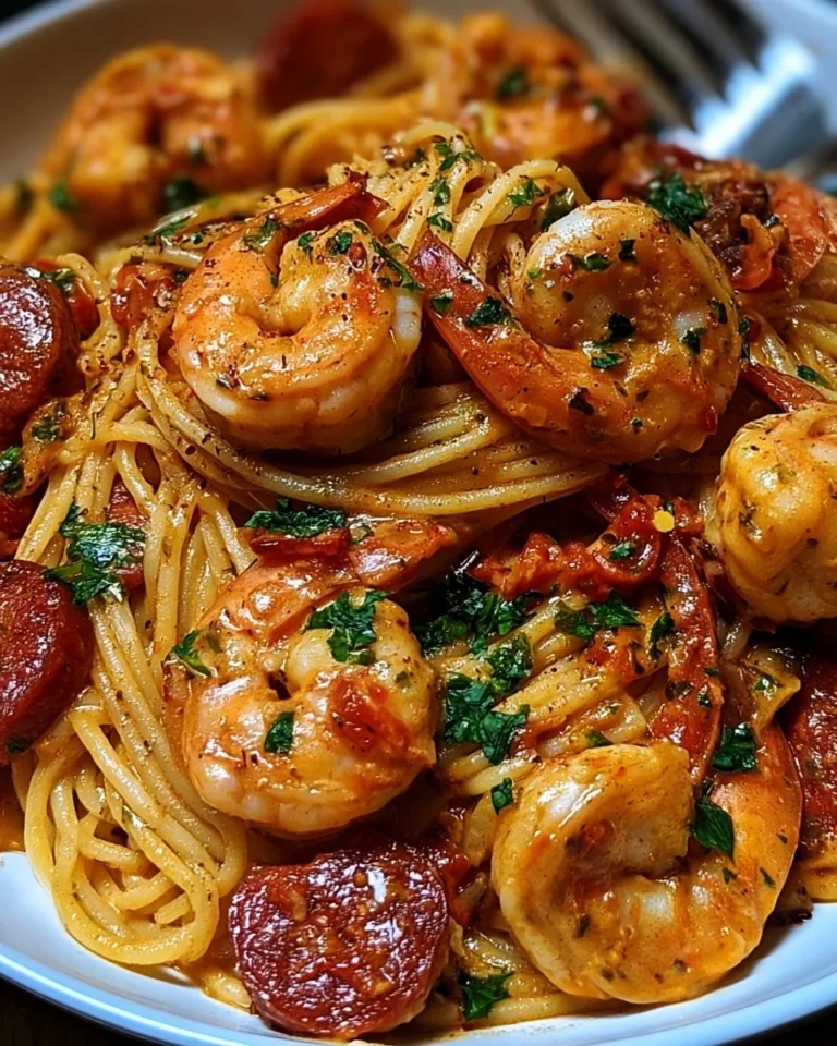 Spaghetti à la Crème de Poivron avec Chorizo et Crevettes, plat savoureux et coloré