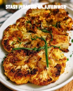 Steak de chou-fleur rôti ou grillé sur une assiette garnie de légumes frais